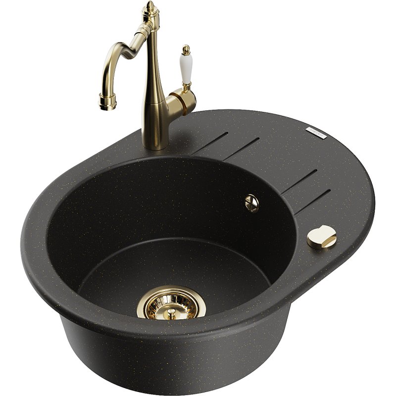 Mexen Kevin zlewozmywak granitowy 1-komorowy z ociekaczem i baterią kuchenną Carla, czarny/złoty metalik