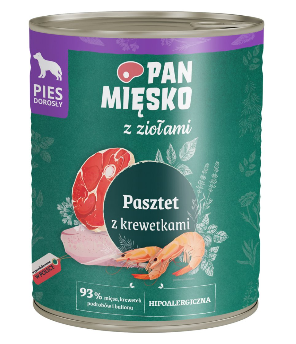 PAN MIĘSKO z ziołami Pasztet z Krewetkami Karma mokra dla psa 800g