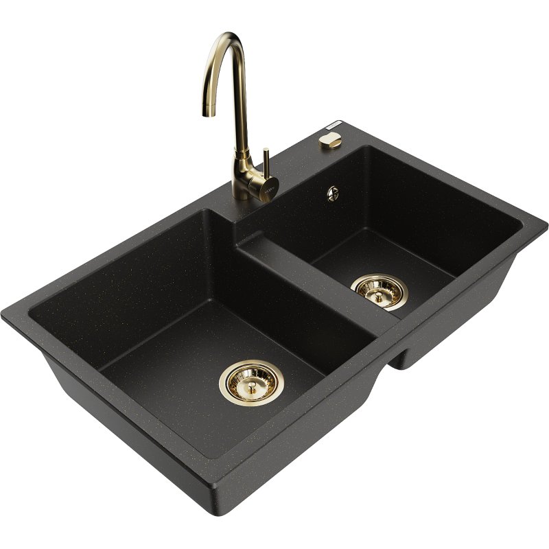 Mexen Tomas zlewozmywak granitowy 2-komorowy z baterią kuchenną Telma, czarny/złoty metalik