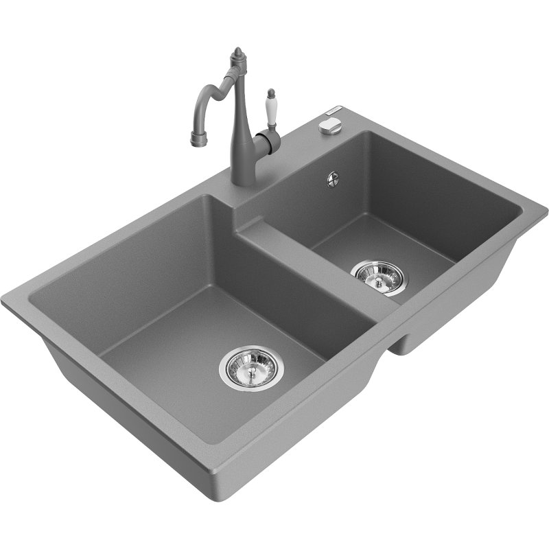Mexen Tomas zlewozmywak granitowy 2-komorowy z baterią kuchenną Carla, szary