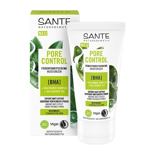 SANTE Naturkosmetik Pore Control BHA krem nawilżający, z matującą bio-zieloną herbatą, kompleksem BHA i niacynamidu, wegański krem na dzień do skóry mieszanej, pielęgnacja twarzy, 50 ml