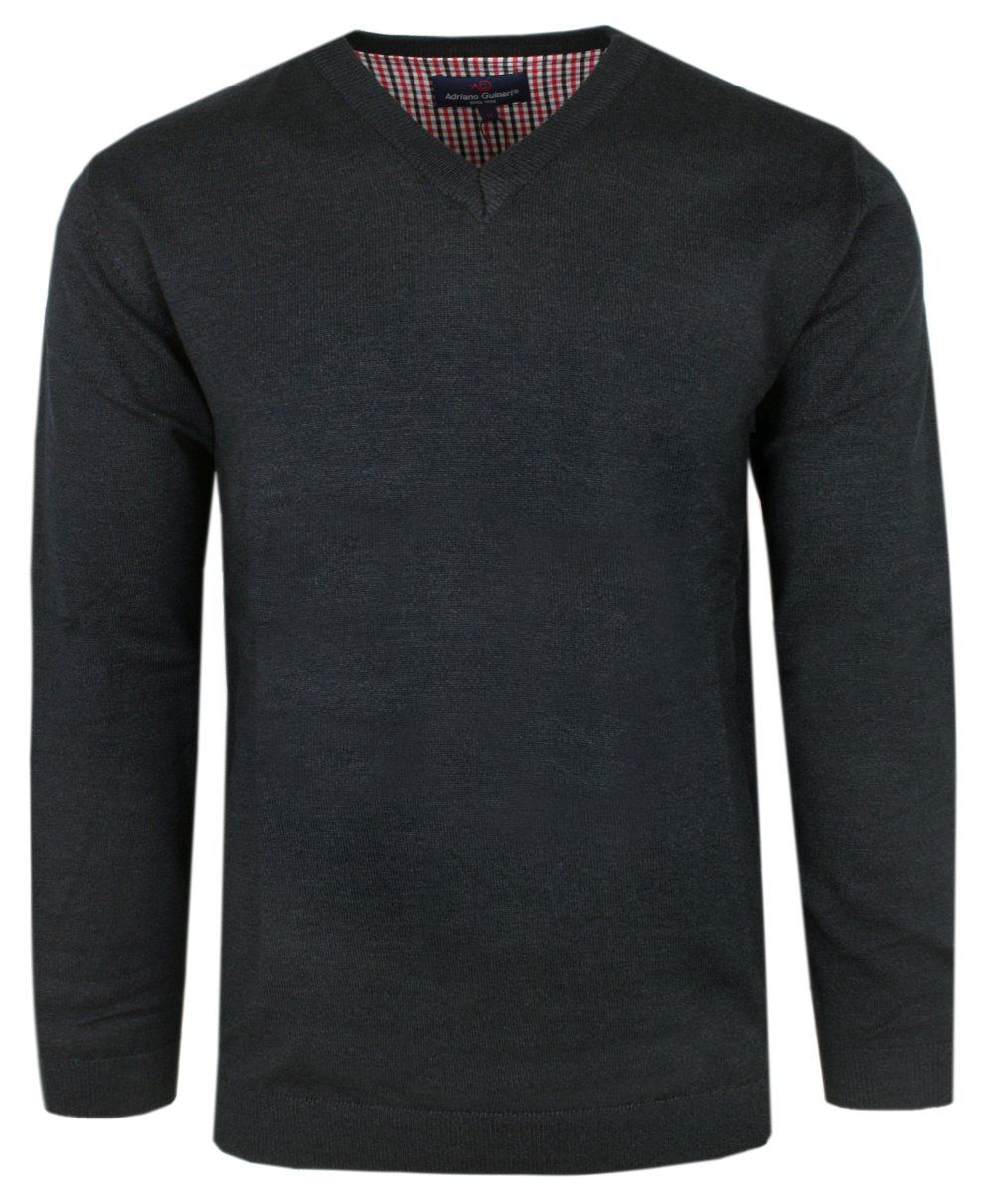 Męski Klasyczny Sweter w Serek (V-Neck) - Antracytowy - Adriano Guinari