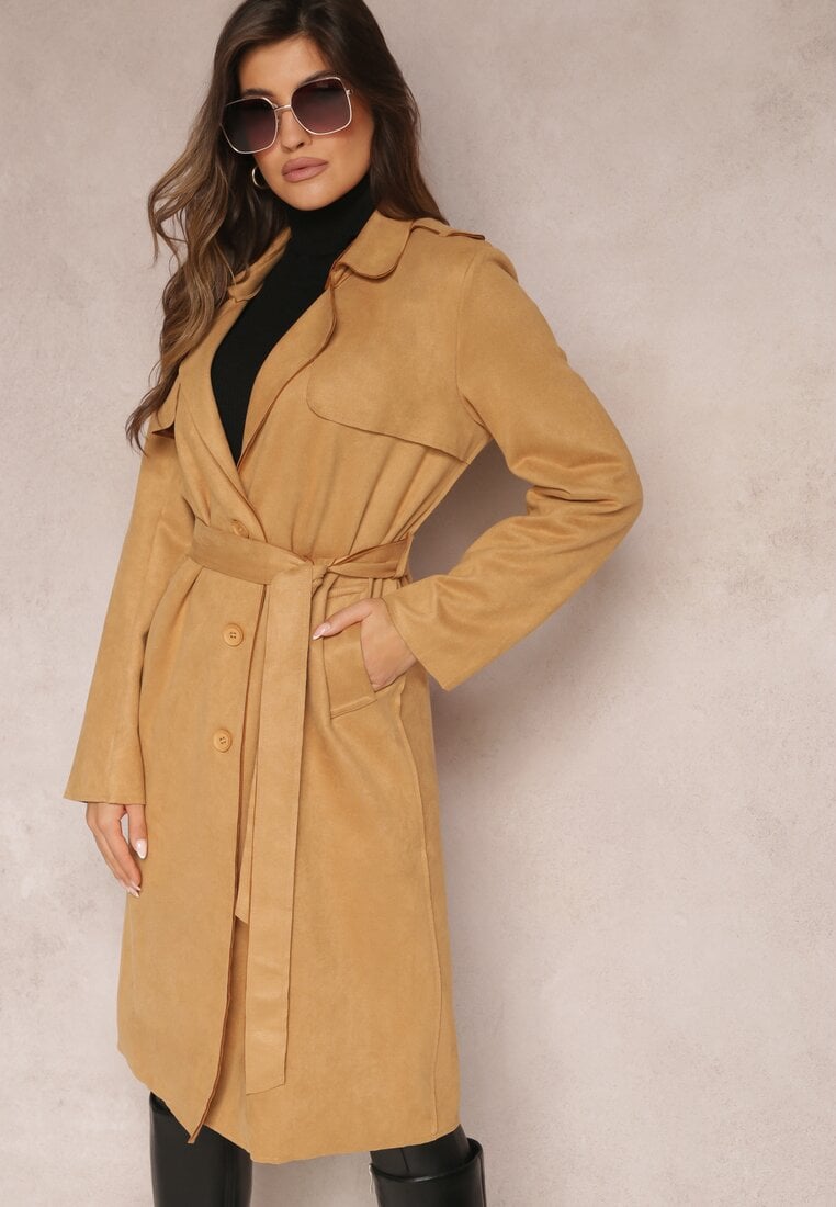 Brązowy Płaszcz Wiązany Materiałowym Paskiem z Guzikami i Kieszeniami Elemina