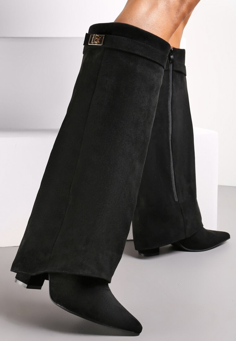 Czarne Kozaki na Słupku z Wywiniętą Cholewką i Klamerką Upaxa