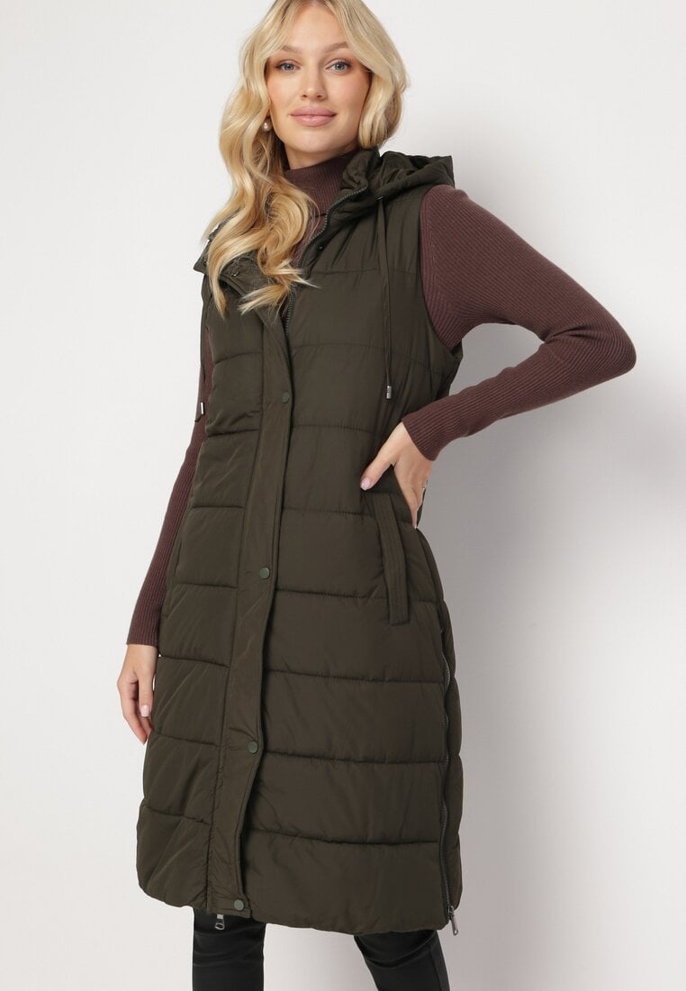 Ciemnozielona Długa Kamizelka Bezrękawnik z Klasycznym Pikowaniem i Kapturem Shin