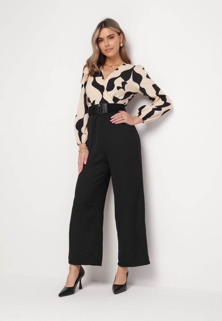 Beżowy Kombinezon z Kopertowym Dekoltem i Paskiem Freselam