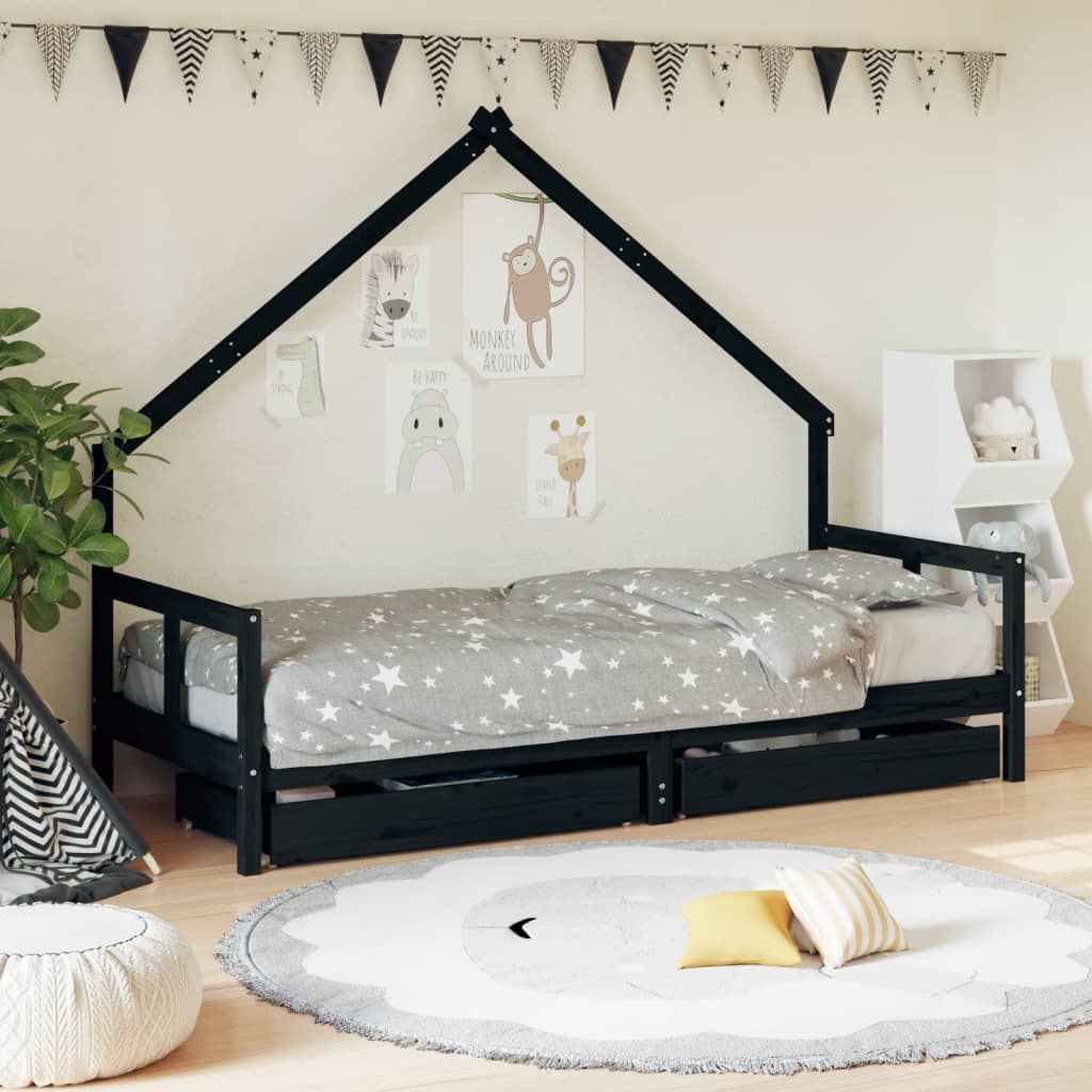 Фото - Манеж VidaXL Rama łóżka dziecięcego z szufladami, czarna, 80x200 cm, sosnowa Lumarko! 