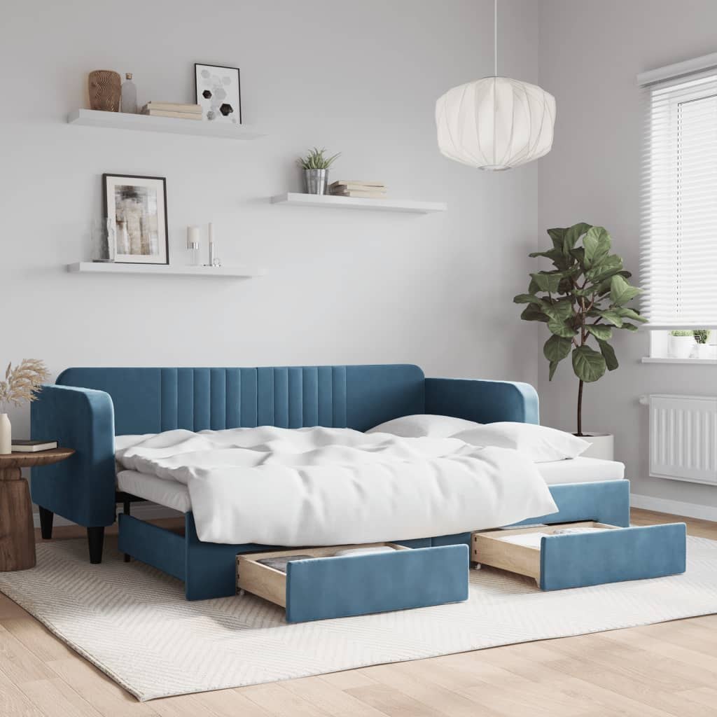 Sofa rozsuwana z szufladami, niebieska, 80x200 cm, aksamit Lumarko!