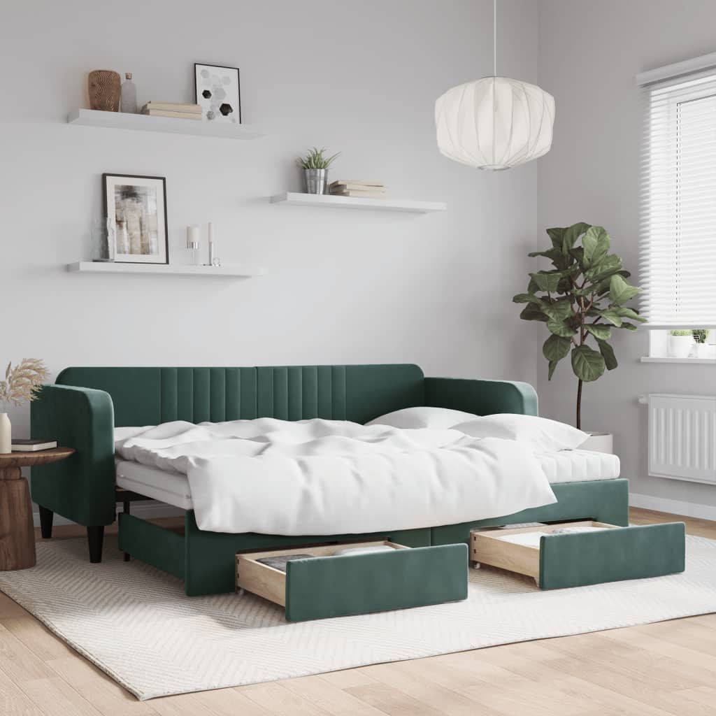 Sofa rozsuwana z szufladami, ciemnozielona, 80x200 cm, aksamit Lumarko!
