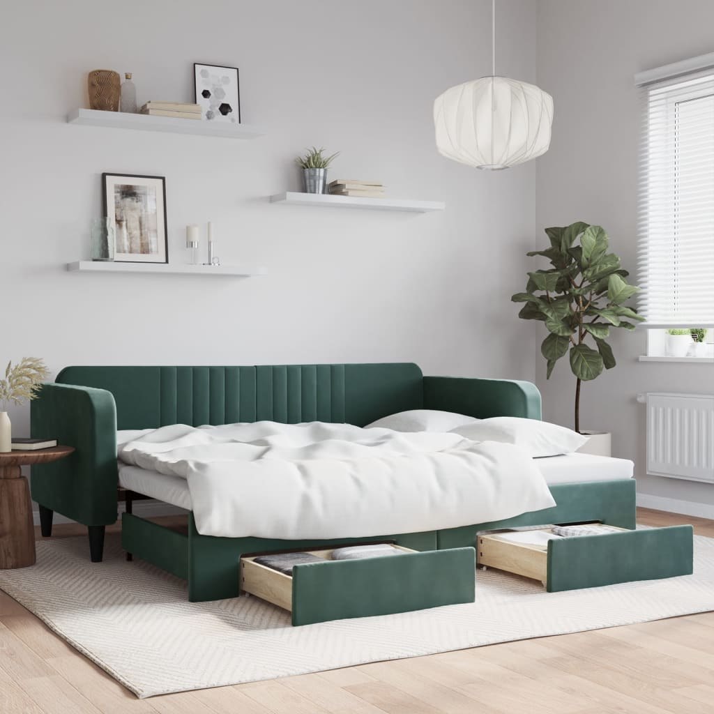 Sofa rozsuwana z szufladami, ciemnozielona, 90x200 cm, aksamit Lumarko!