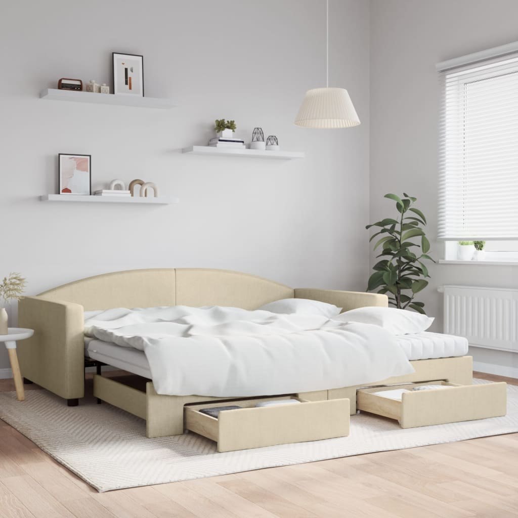 Sofa rozsuwana z szufladami, kremowa, 100x200 cm, tkanina Lumarko!