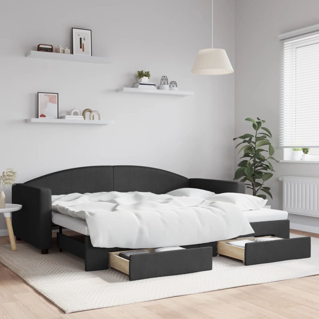 Sofa rozsuwana z szufladami, czarna, 90x200 cm, tkanina Lumarko!