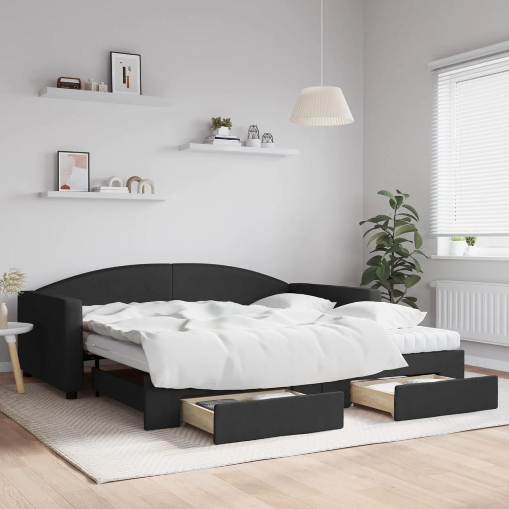 Sofa rozsuwana z szufladami, czarna, 100x200 cm, tkanina Lumarko!