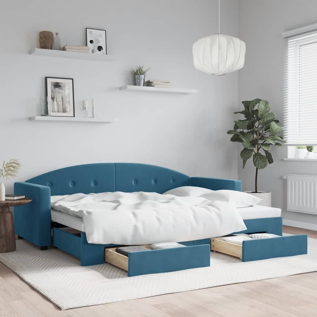 Sofa rozsuwana z szufladami, niebieska, 80x200 cm, aksamit Lumarko!