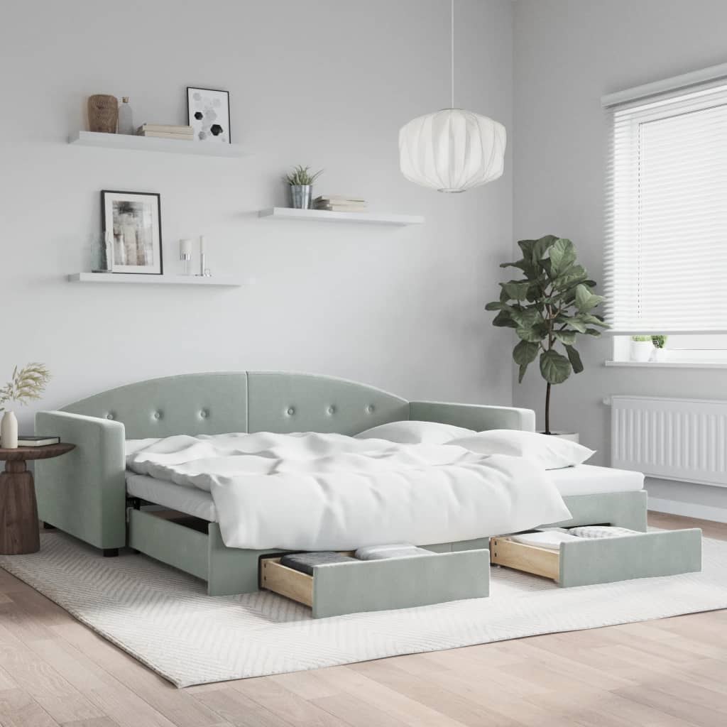 Sofa rozsuwana z szufladami, jasnoszara, 100x200 cm, aksamit Lumarko!