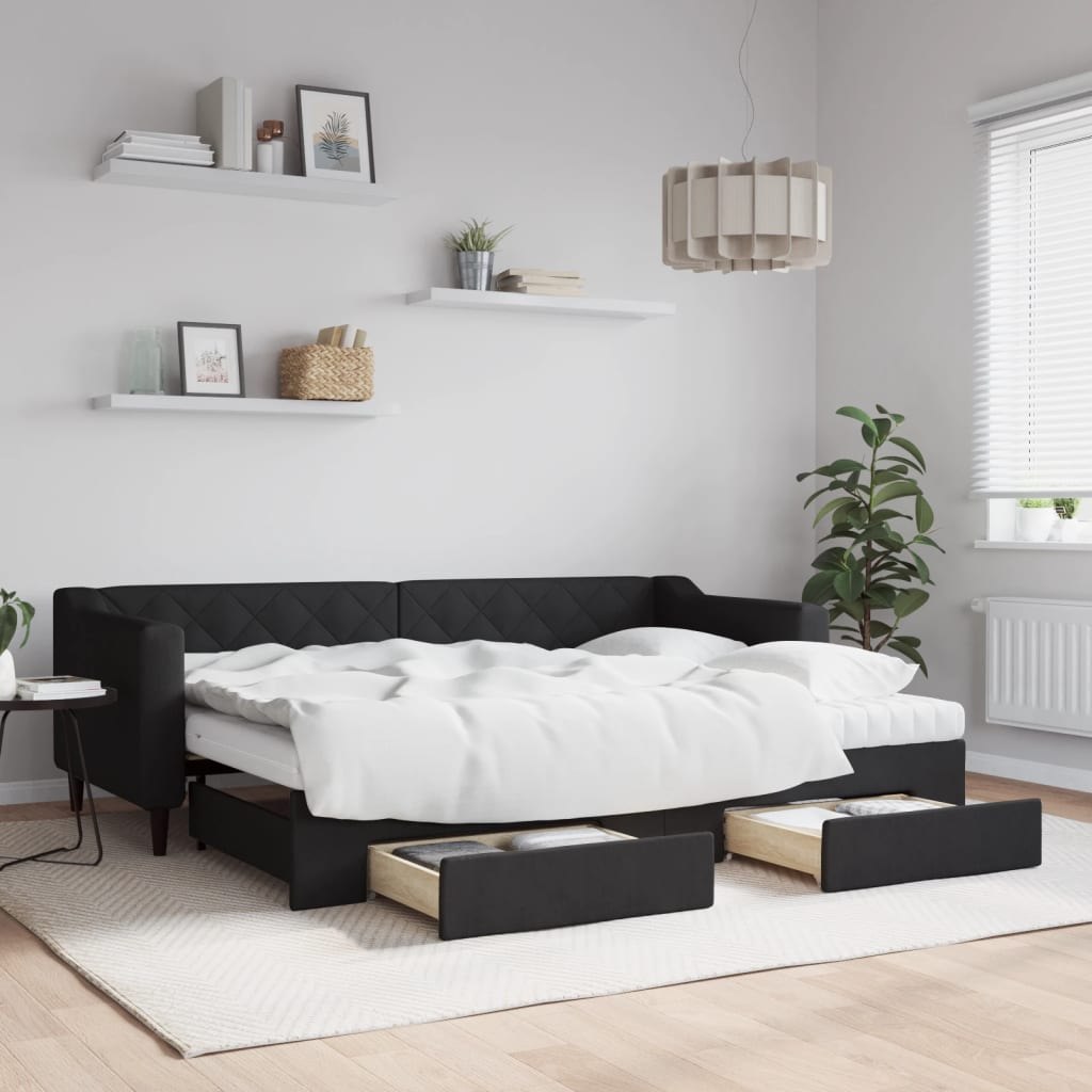 Sofa rozsuwana z szufladami, czarna, 80x200 cm, tkanina Lumarko!