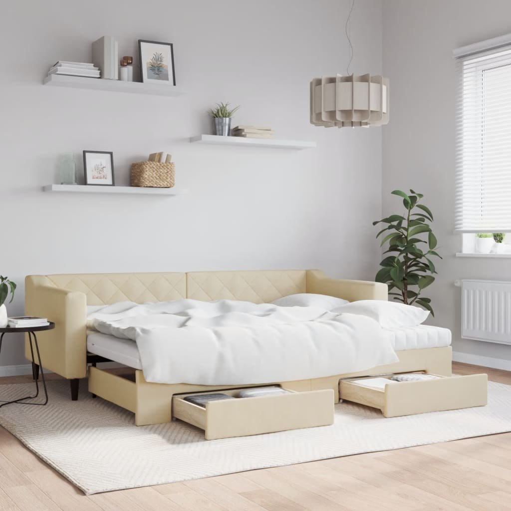 Sofa rozsuwana z szufladami, kremowa, 80x200 cm, tkanina Lumarko!