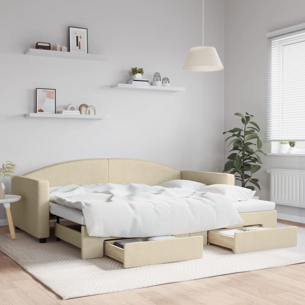 Sofa rozsuwana z szufladami, kremowa, 90x200 cm, tkanina Lumarko!