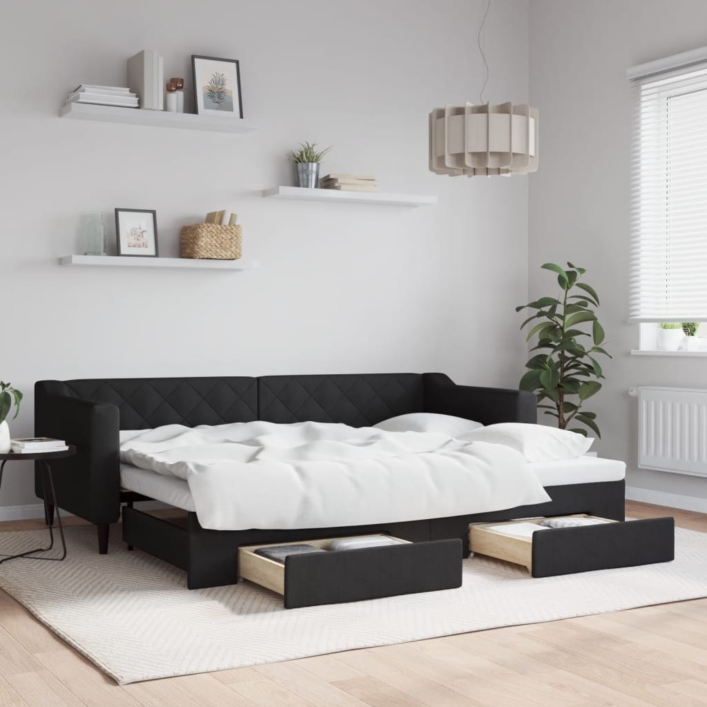 Sofa rozsuwana z szufladami, czarna, 80x200 cm, tkanina Lumarko!