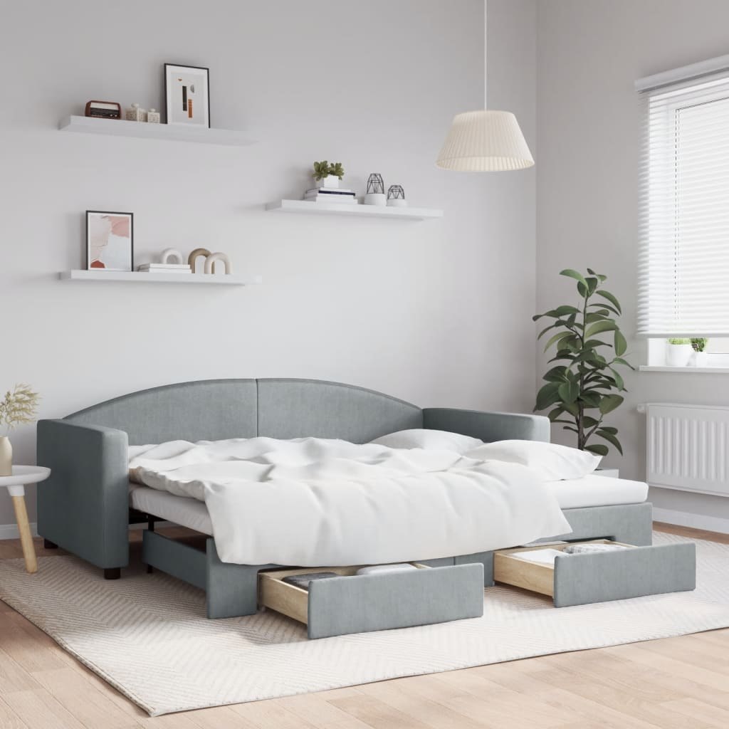 Sofa rozsuwana z szufladami, jasnoszara, 90x190 cm, tkanina Lumarko!