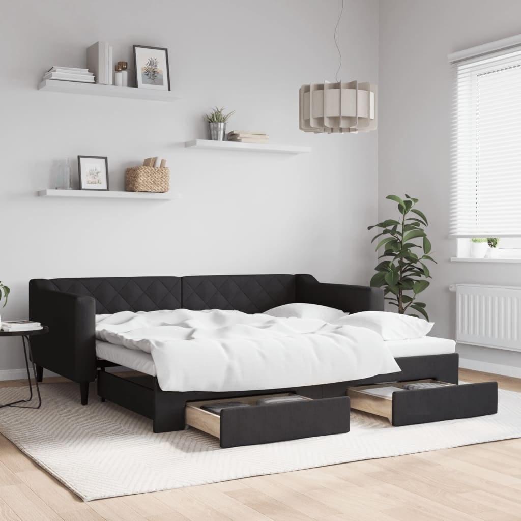 Sofa rozsuwana z szufladami, czarna, 90x190 cm, tkanina Lumarko!