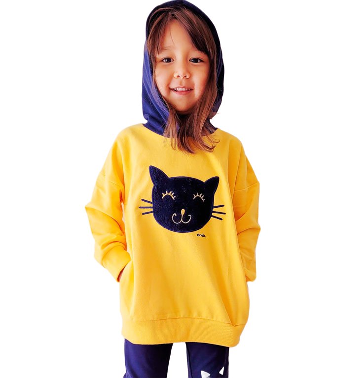 Bluza Dziecięca Dziewczęca dresowa Kangurka z Kapturem z kotem 134 Endo