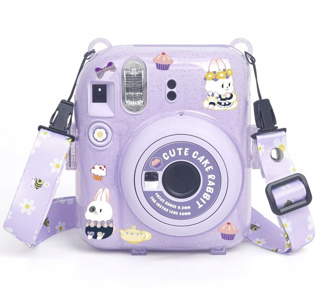 Futerał Etui Pokrowiec Case Do Fujifilm Fuji Instax Mini 12 + Naklejki I Kieszeń Na Zdjęcia / Słodki Królik / Fioletowy Brokat