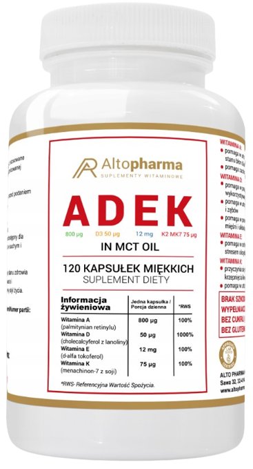 Suplement diety, AltoPharma, ADEK Forte A,D3,E,K2 MK-7 in MCT, 120 kapsułek miękkich