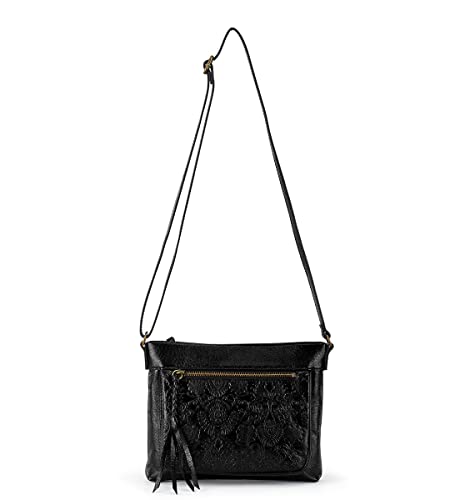 The Sak Damska mini torba crossbody Sanibel ze skóry, torebka na co dzień z regulowanym paskiem i kieszeniami na zamek błyskawiczny, czarna kwiatowa wytłaczana Ii, jeden rozmiar