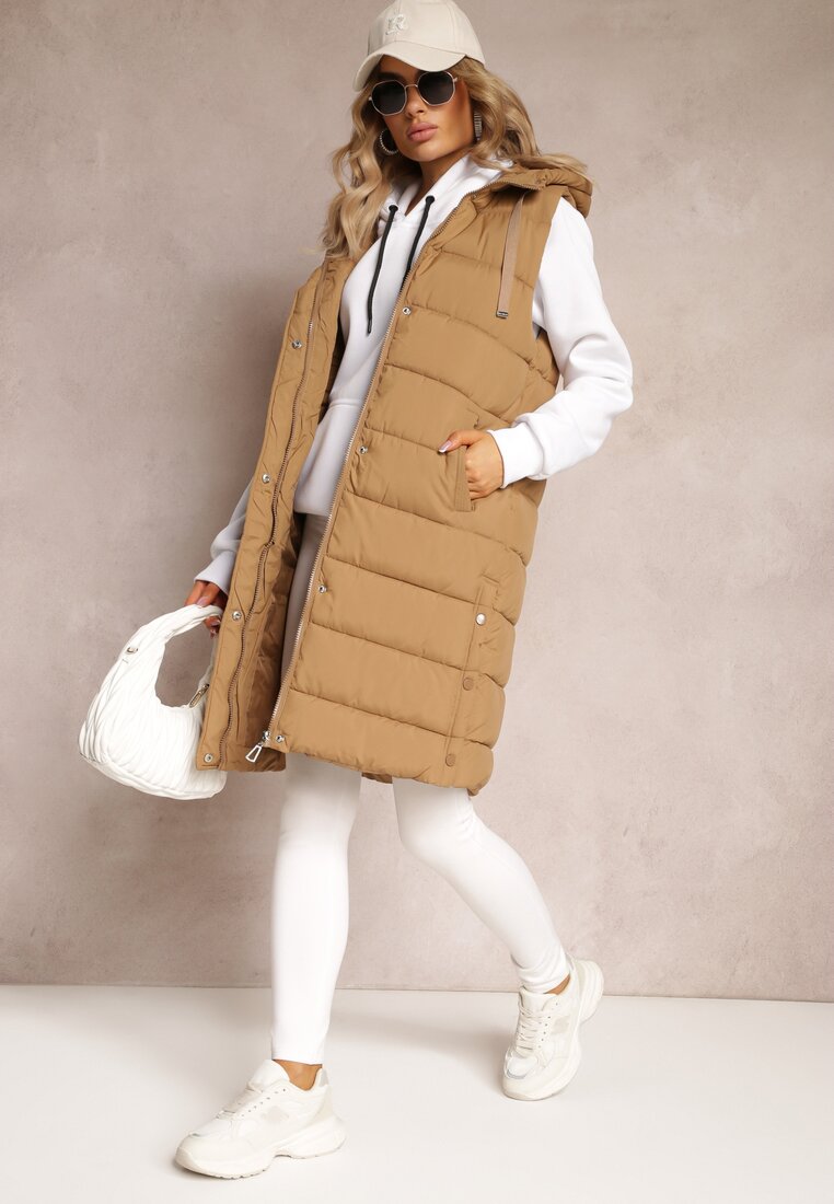 Beżowa Kamizelka o Wydłużonym Fasonie z Pikowaniem i Kieszeniami Banuni