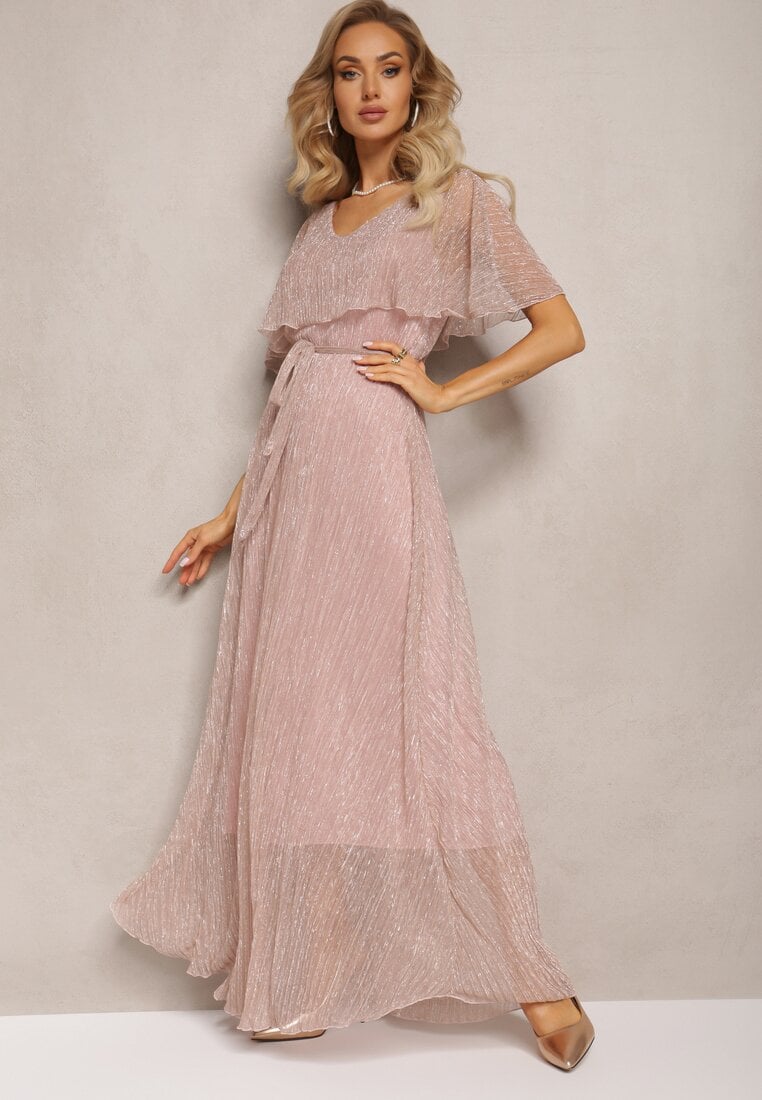 Ciemnoróżowa Koktajlowa Sukienka Maxi z Ozdobną Falbaną na Górze Cailey