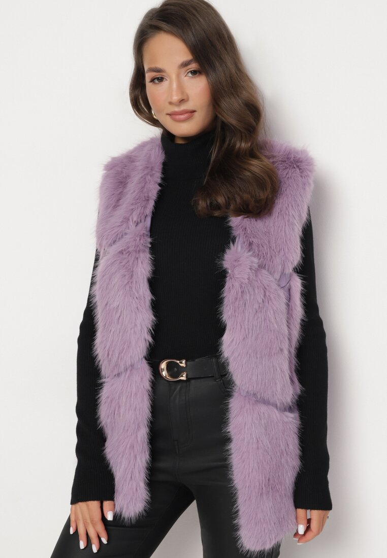 Fioletowa Kamizelka Futrzana z Wstawkami z Ekoskóry Batliewa
