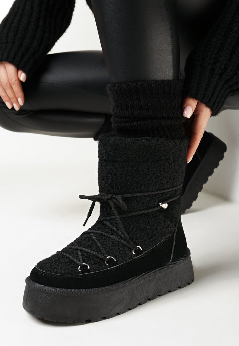 Czarne Śniegowce na Platformie z Futerkiem i Sznurowaniem Fumnanya