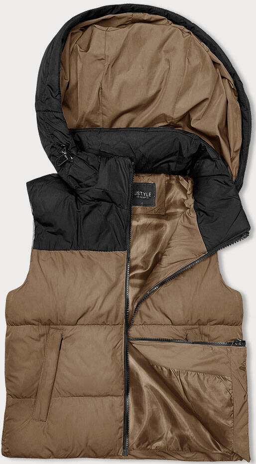 KRÓTKA KAMIZELKA DAMSKA Z KAPTUREM J.STYLE CIEMNY BEŻ-CZARNY (16M9112-84) - J STYLE