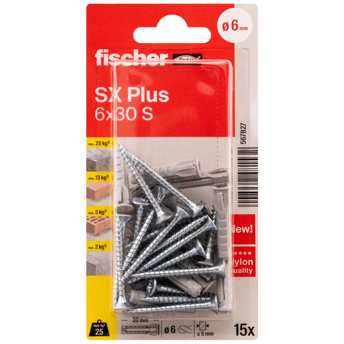 Kołek rozporowy SX Plus 6 x 30 mm S z wkrętem 15 szt. Fischer