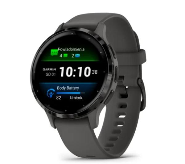 Garmin Venu 3S 010-02785-00 - 41mm - bezel ze stali nierdzewnej w kolorze slate z kopertą w kolorze Pebble Gray i silikonowym paskiem