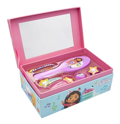 Joytoy Gabby's Dollhouse szkatułka na biżuterię z akcesoriami: szczotka, 2 spinki do włosów, pierścionek, 2 elastyczne paski, opaska na włosy – 18 x 11,5 x 7 cm