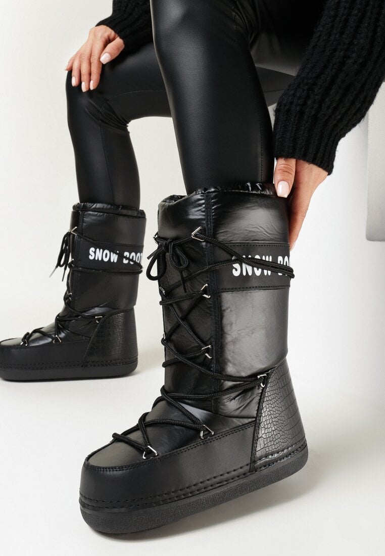 Czarne Ocieplane Śniegowce na Płaskiej Grubej Podeszwie ze Ściąganą Cholewką i Wiązaniem Heatua