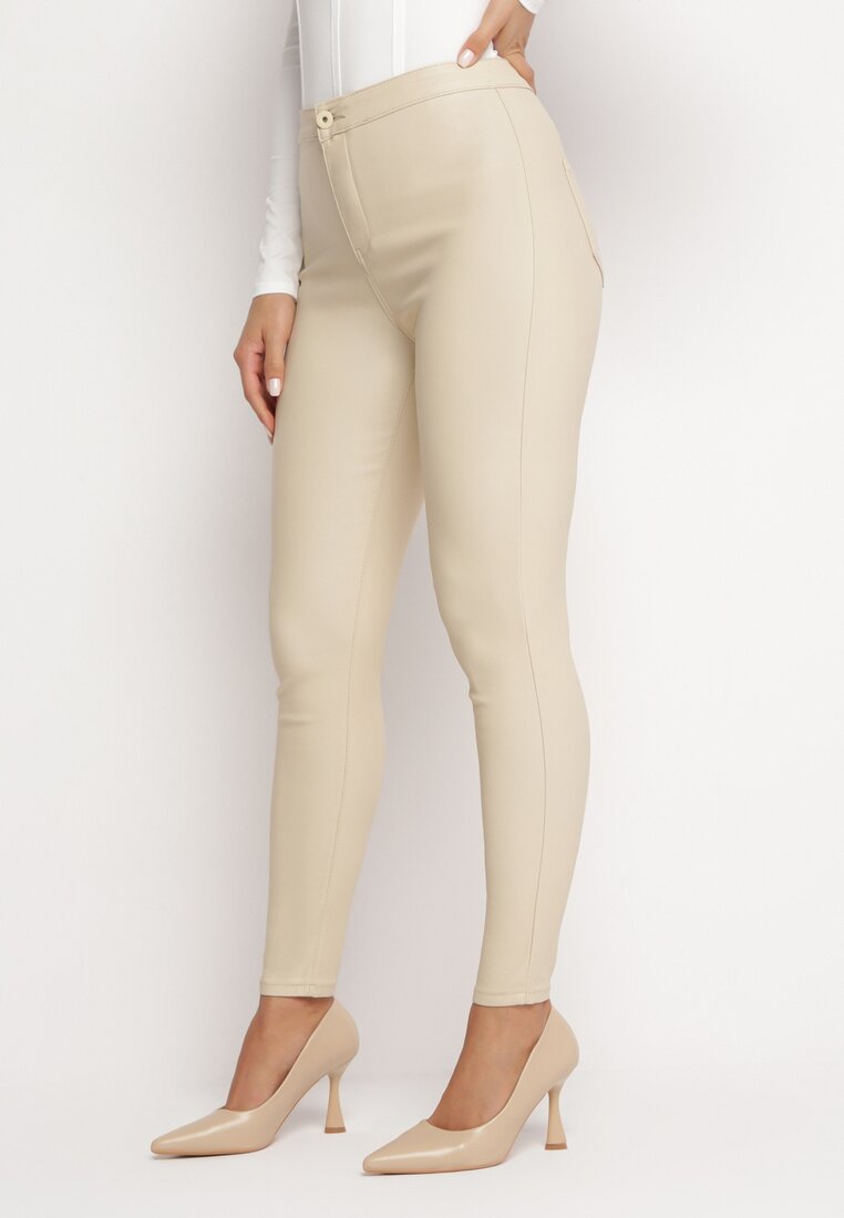 Jasnobeżowe Spodnie Skinny z Imitacji Skóry Stana
