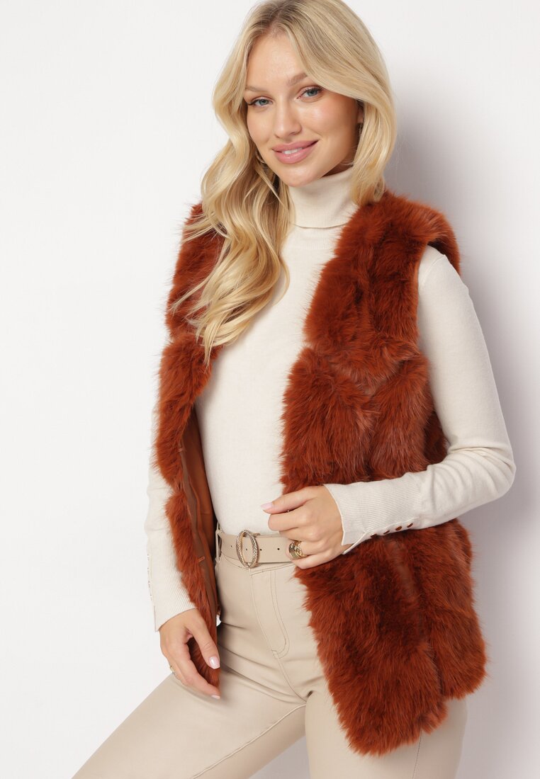 Brązowo-Pomarańczowa Kamizelka Futrzana z Wstawkami z Ekoskóry Batliewa