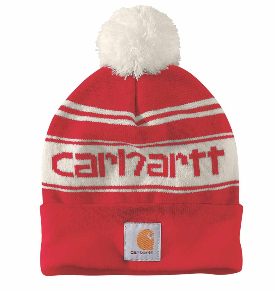 Czapka zimowa z pomponem Carhartt Knit Pom-Pom Cuffed Logo Beanie Red Winter White