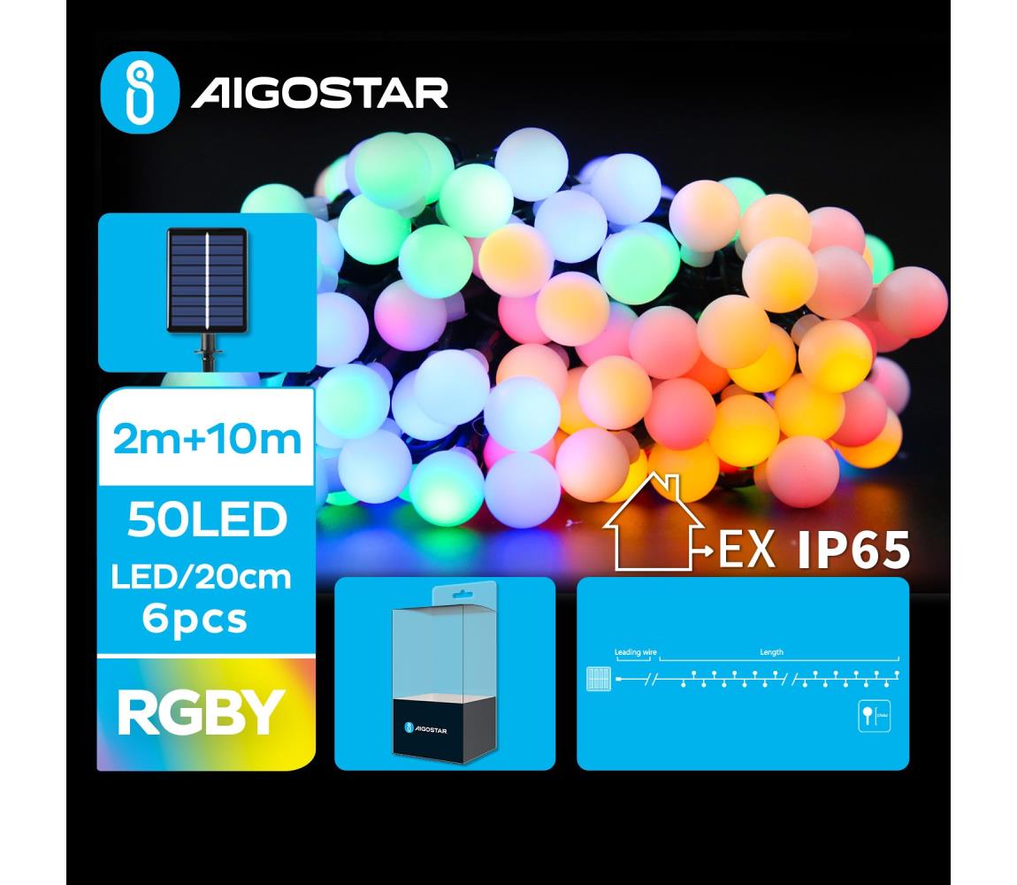 Aigostar - LED Ozdobny łańcuch solarny 50xLED/8 funkcji 12m IP65 wielobarwny