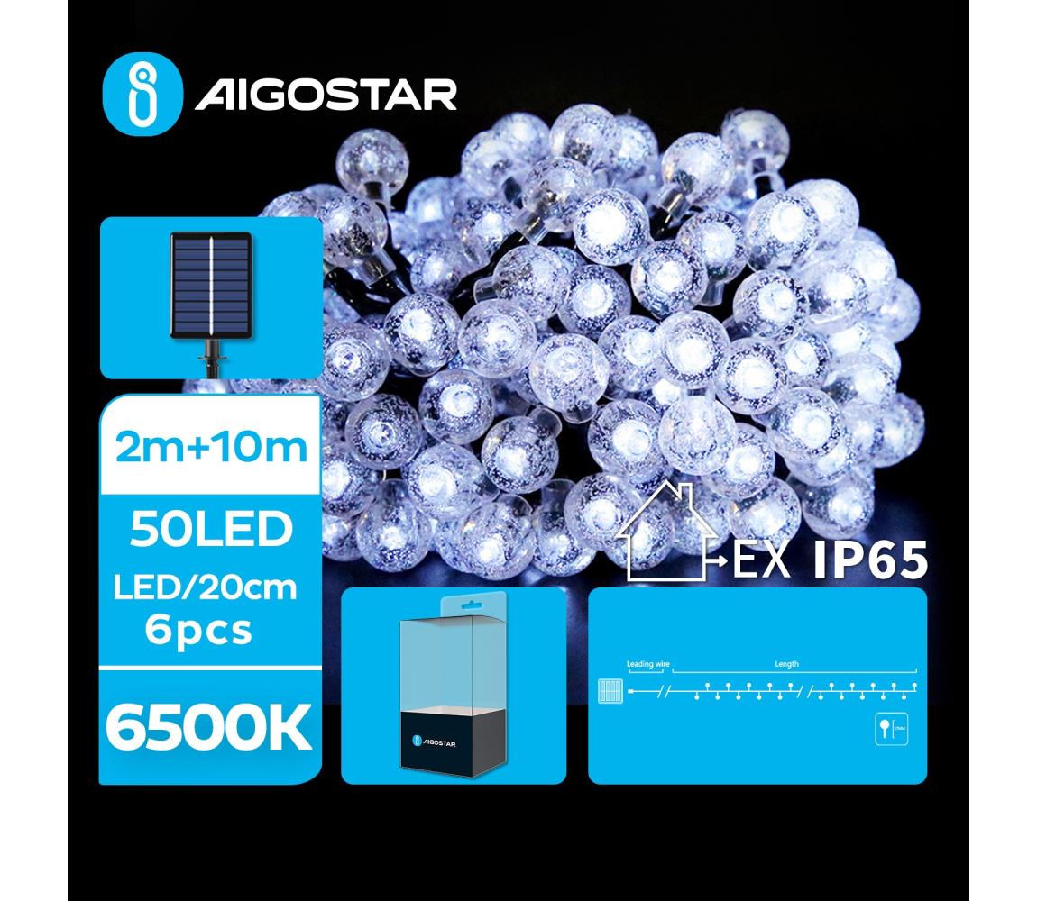 Aigostar - LED Ozdobny łańcuch solarny 50xLED/8 funkcji 12m IP65 zimny biały