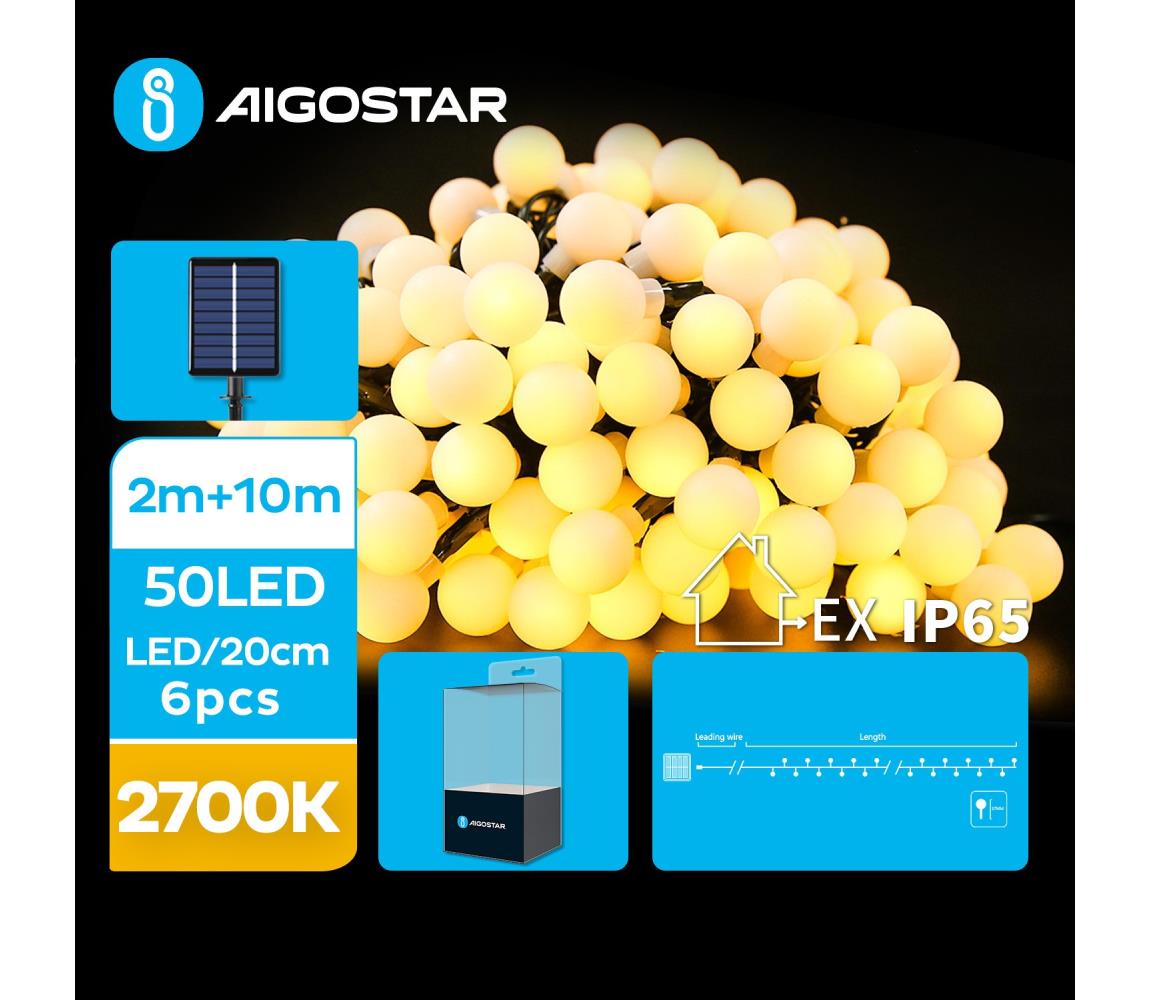 Aigostar - LED Ozdobny łańcuch solarny 50xLED/8 funkcji 12m IP65 ciepła biel