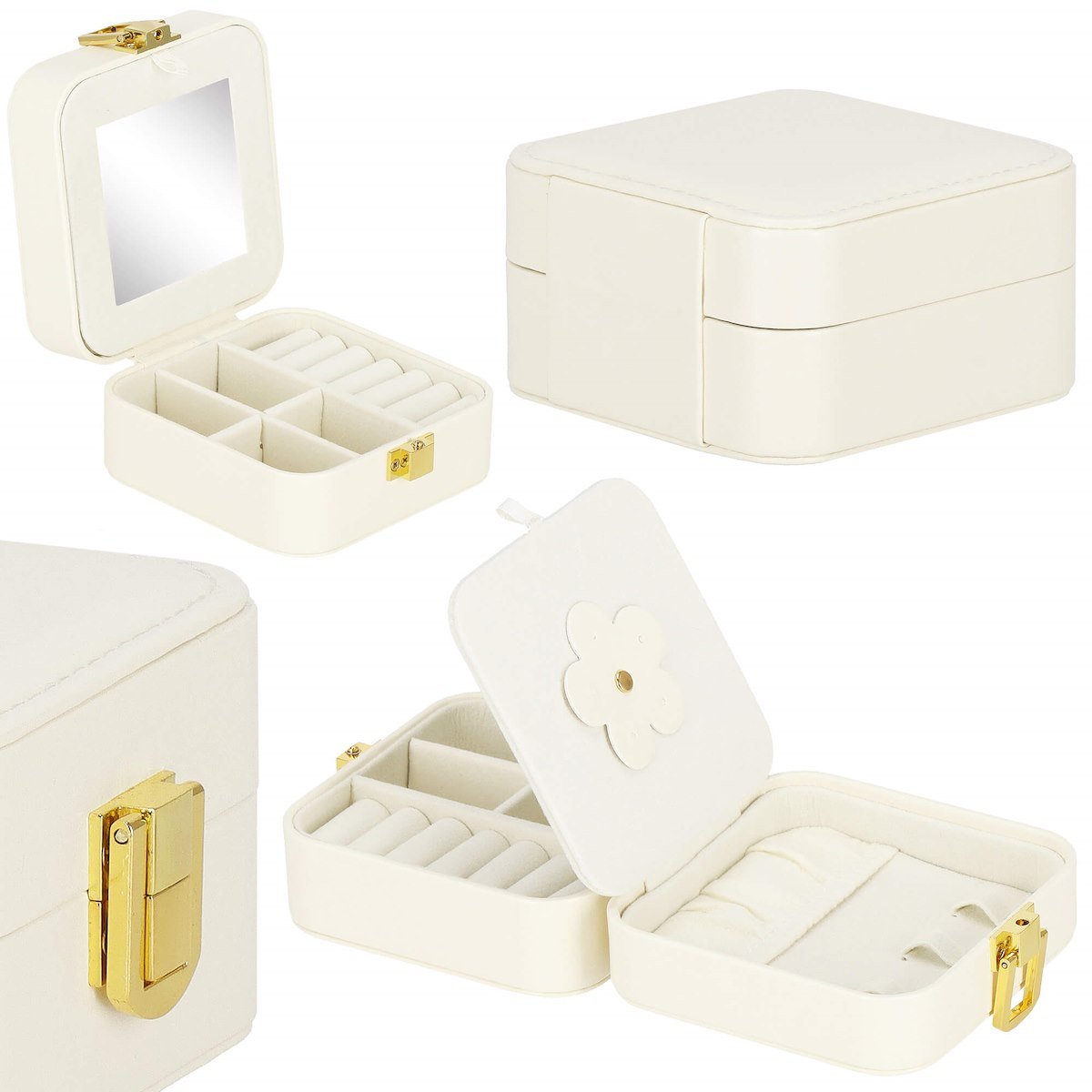 Szkatułka na biżuterię 10x10x5 cm kremowy organizer z przegródkami ekoskóra