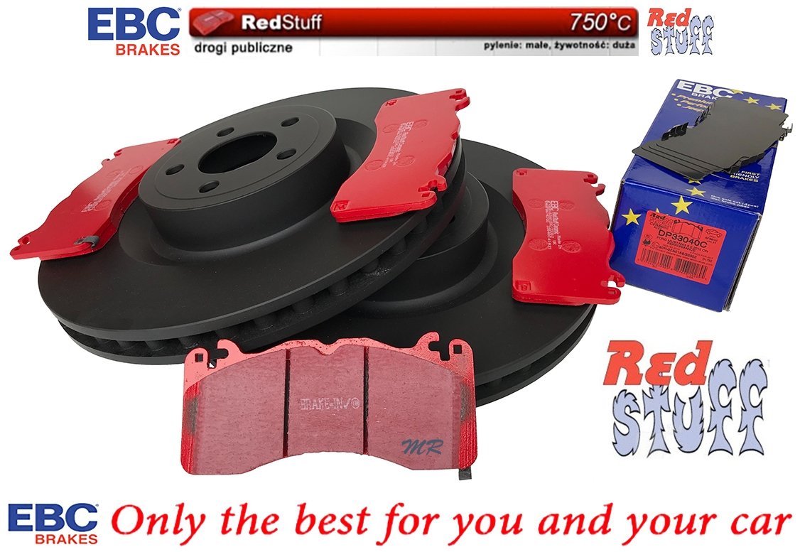 Przednie CERAMICZNE klocki RedStuff + tarcze hamulcowe EBC seria PREMIUM Ford Mustang 5,0 V8 2015-