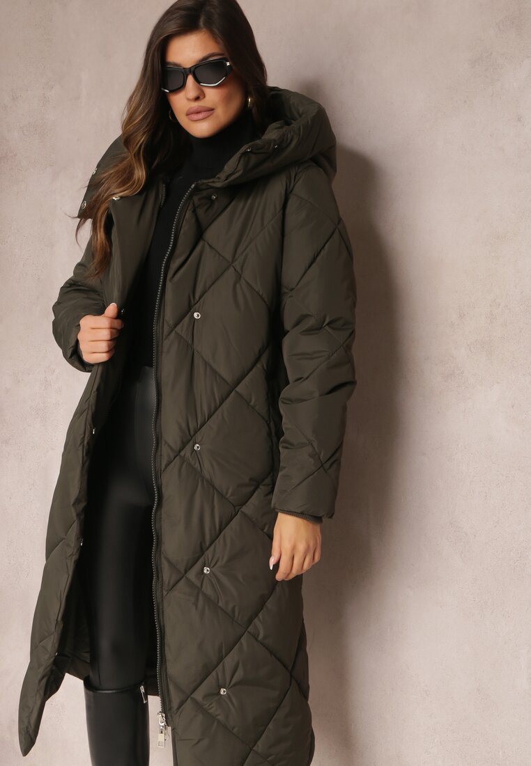 Ciemnozielona Pikowana Kurtka za Kolano z Kapturem Kinassan