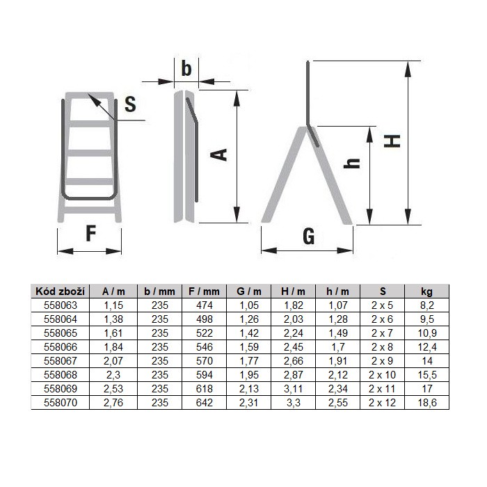 Schodki aluminiowe dwustronne ALVE FORTE z uchwytem, 2x10 stopni, wysokość 2,12 m