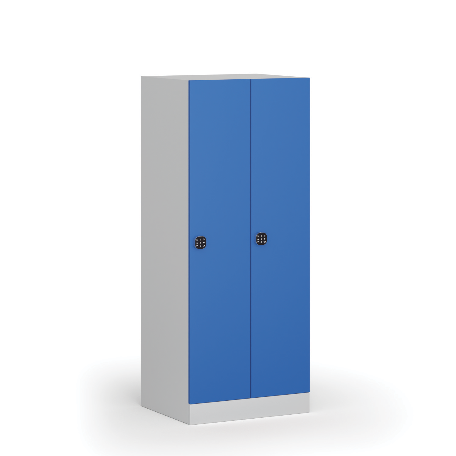 Szafka ubraniowa obniżona, 2 schowki, 1500 x 600 x 500 mm, zamek elektroniczny z kodem, drzwi niebieskie