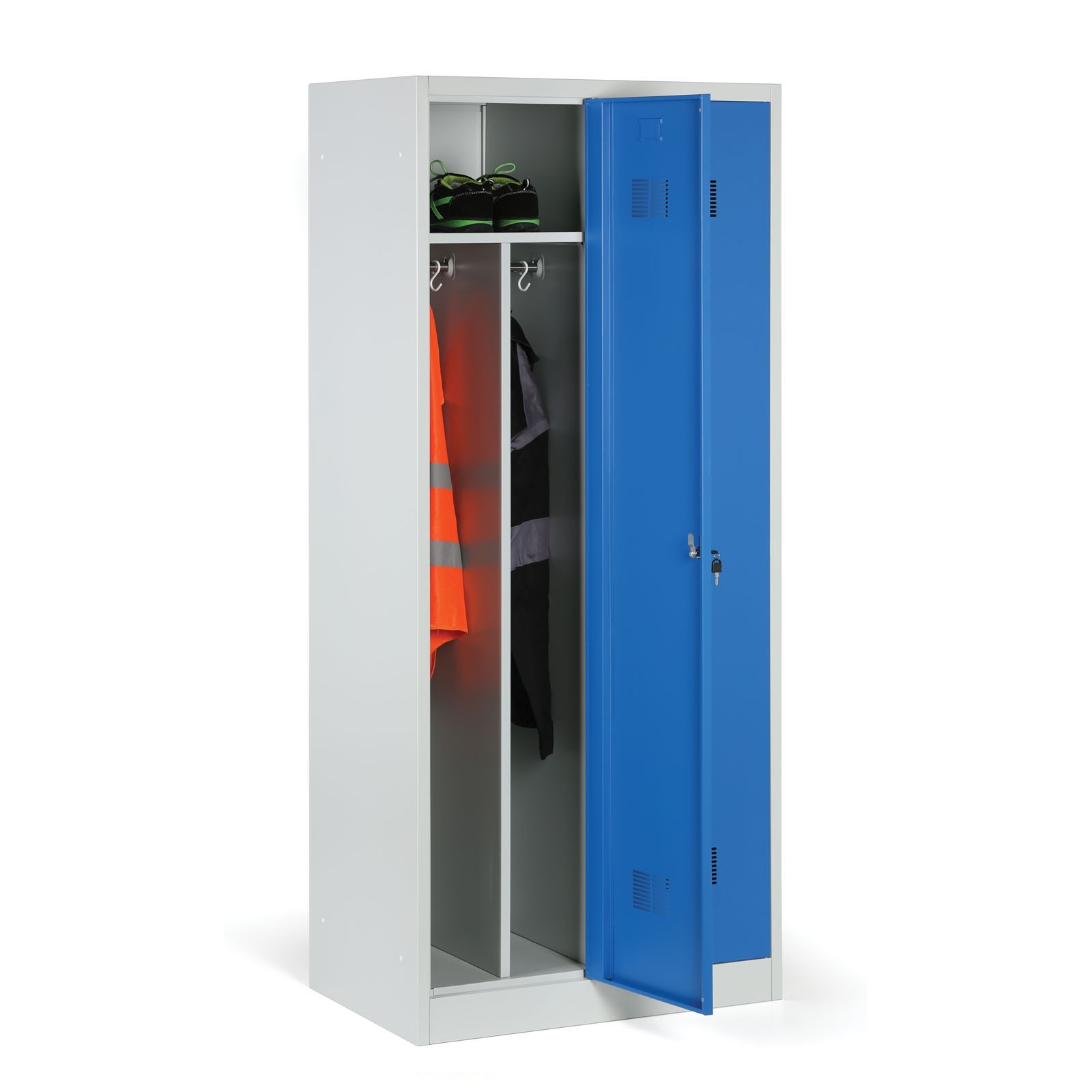 Szafka ubraniowa metalowa z przegrodą, 1850 x 800 x 500 mm, zamek cylindryczny, drzwi czerwone
